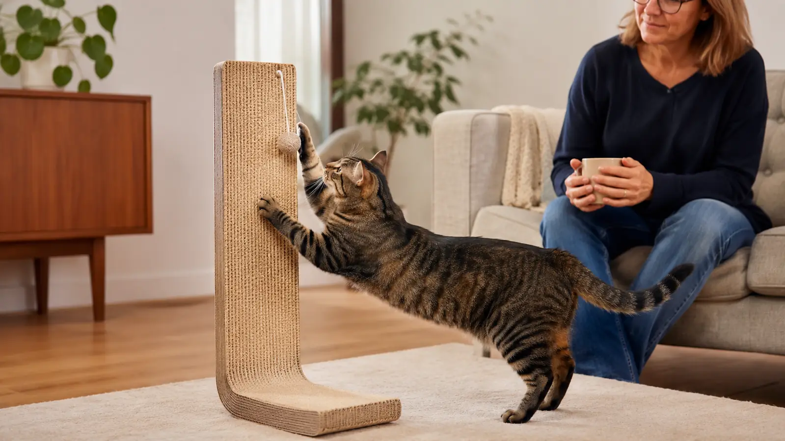 A cat reaching one paw up to bat the dangling ball on the cardboard scratch pad while scratching, using the product photo as reference