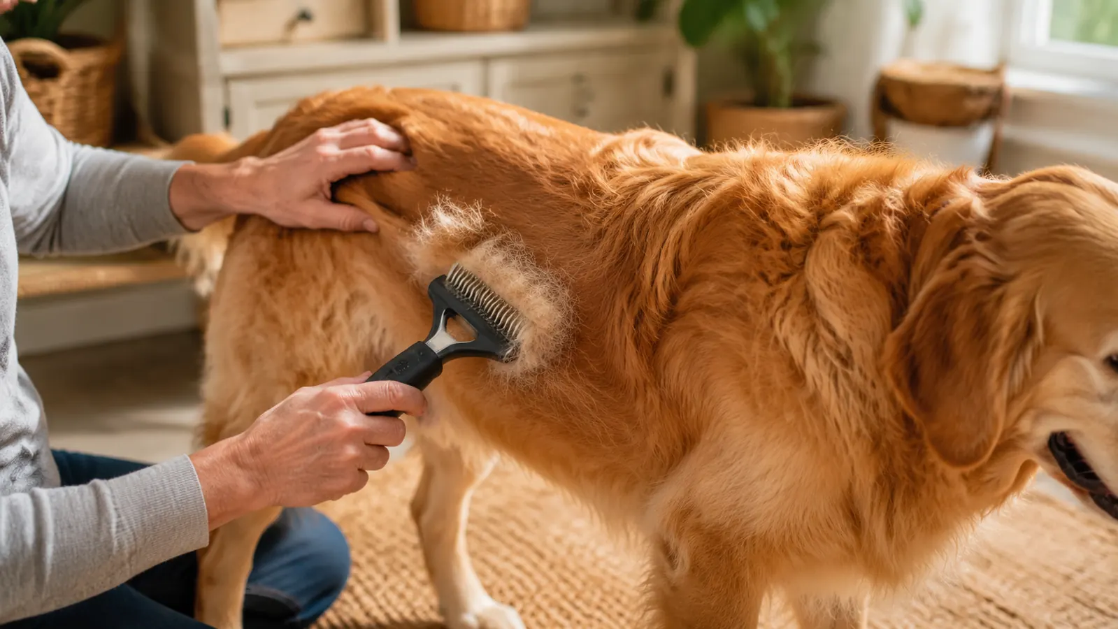 A hand working the grooming rake through a dog's flank fur with loose undercoat coming out in clumps