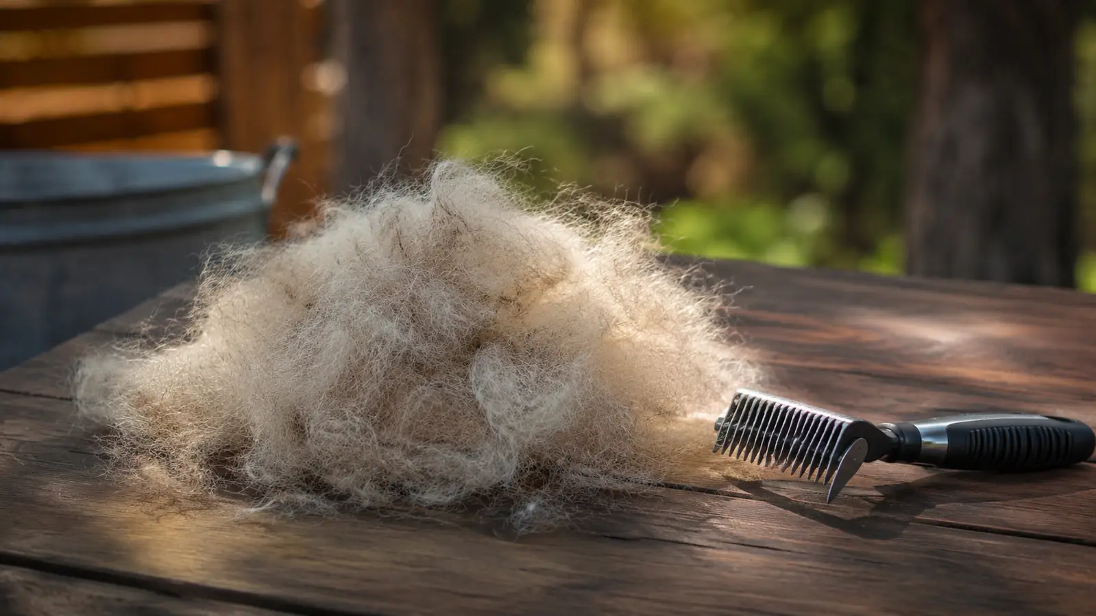 A tidy pile of brushed-out dog fur on a picnic table beside the grooming rake in morning light