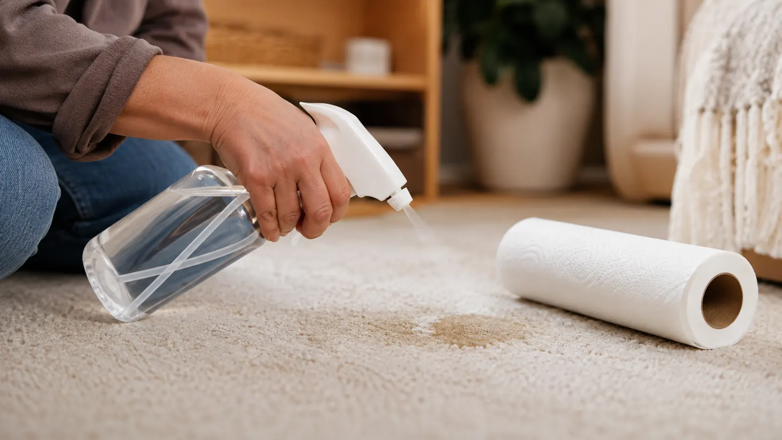 A hand spraying an enzyme cleaner from a clear spray bottle onto a carpet stain, a rolled paper towel nearby