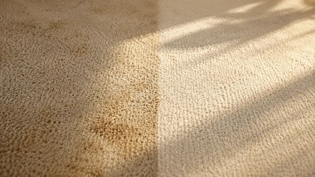 A small cleaned patch of carpet next to the same uncleaned area, showing the edge where the stain lifted, golden afternoon light