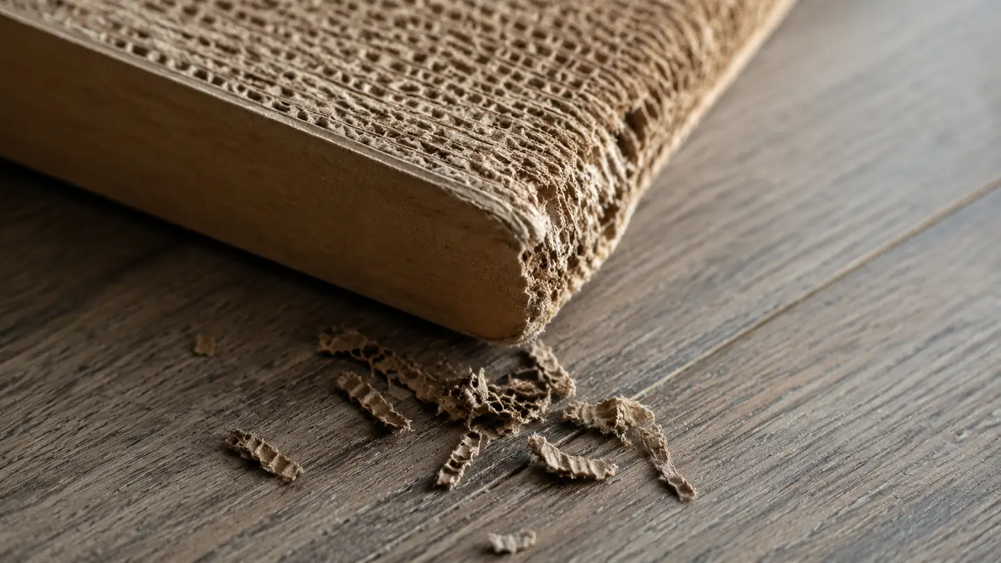 The corner of a cardboard scratching board worn smooth and frayed after months of use, a few loose cardboard shreds on the floor beneath it