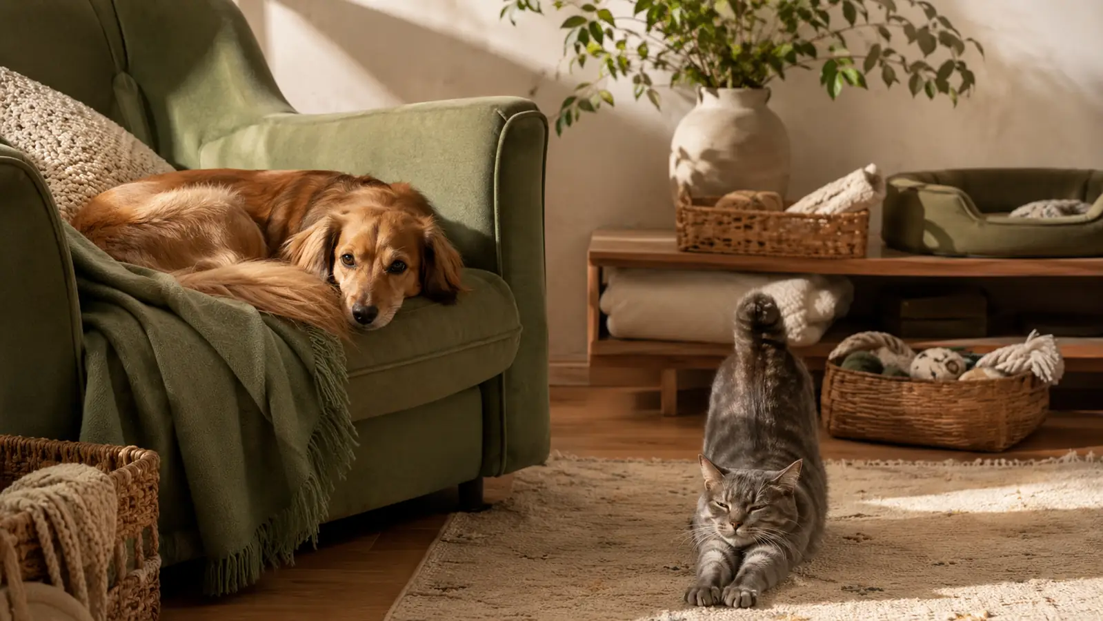 A calm, cozy pet care scene at home in warm morning light, a dog resting on the rug