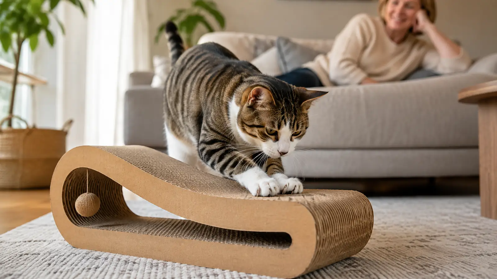 A cat raking its front claws down the corrugated surface of the cardboard scratch pad while a person watches from the sofa