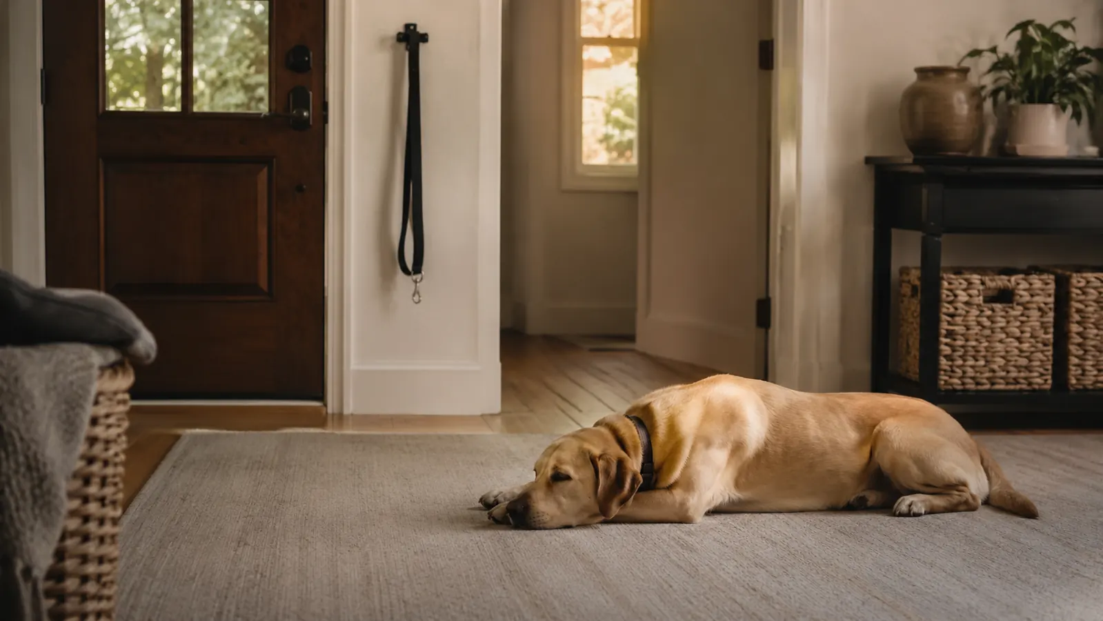A leash hanging loose from a hook by the front door while a dog rests stretched out on the floor after the walk, warm indoor light