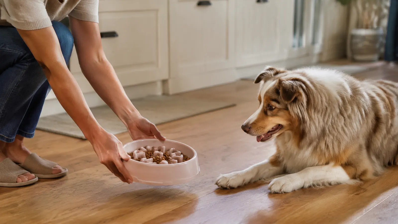 A person setting a maze-style feeding bowl down beside a dog on a warm kitchen floor