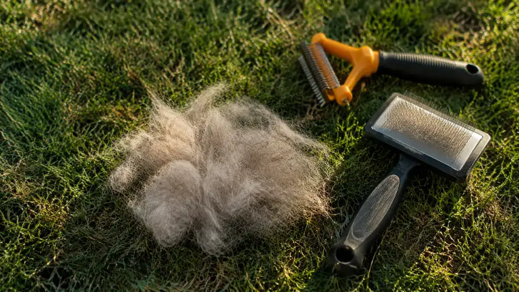 A pile of loose undercoat hair on the ground next to a pair of grooming tools after a brushing session