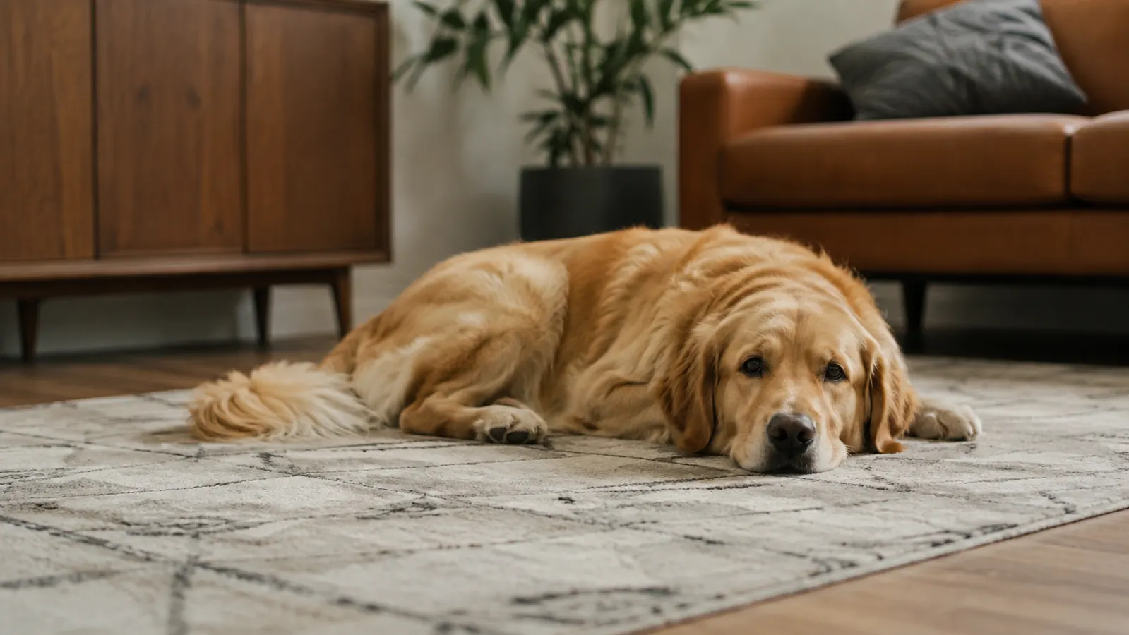 A dog resting calmly on a clean area rug, the corner it used to return to now undisturbed