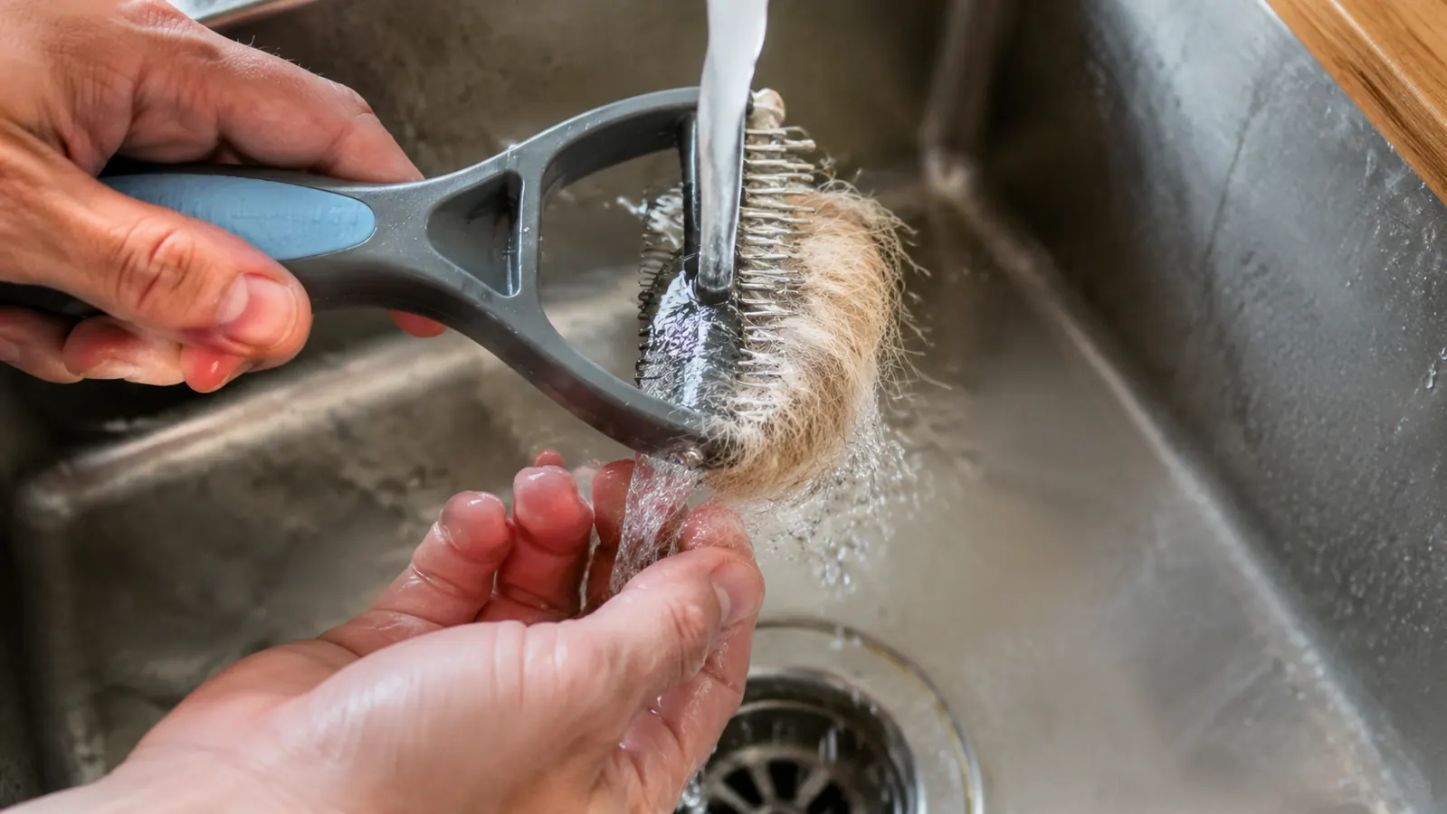 Two hands holding a grooming rake over a kitchen sink while rinsing captured undercoat fur off the tines