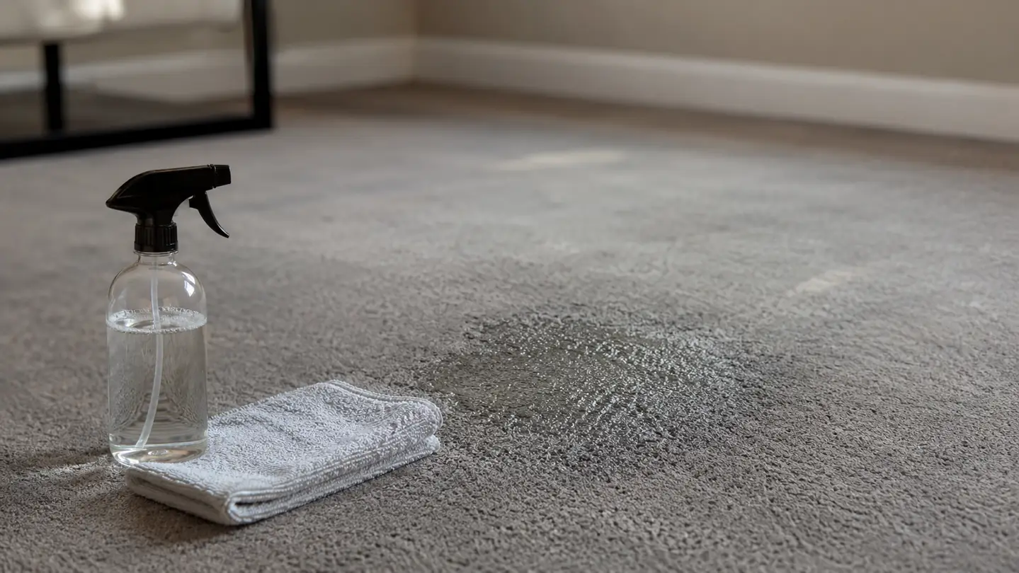 An open spray bottle and a folded paper towel sitting beside a freshly damp-cleaned patch of carpet in a quiet room