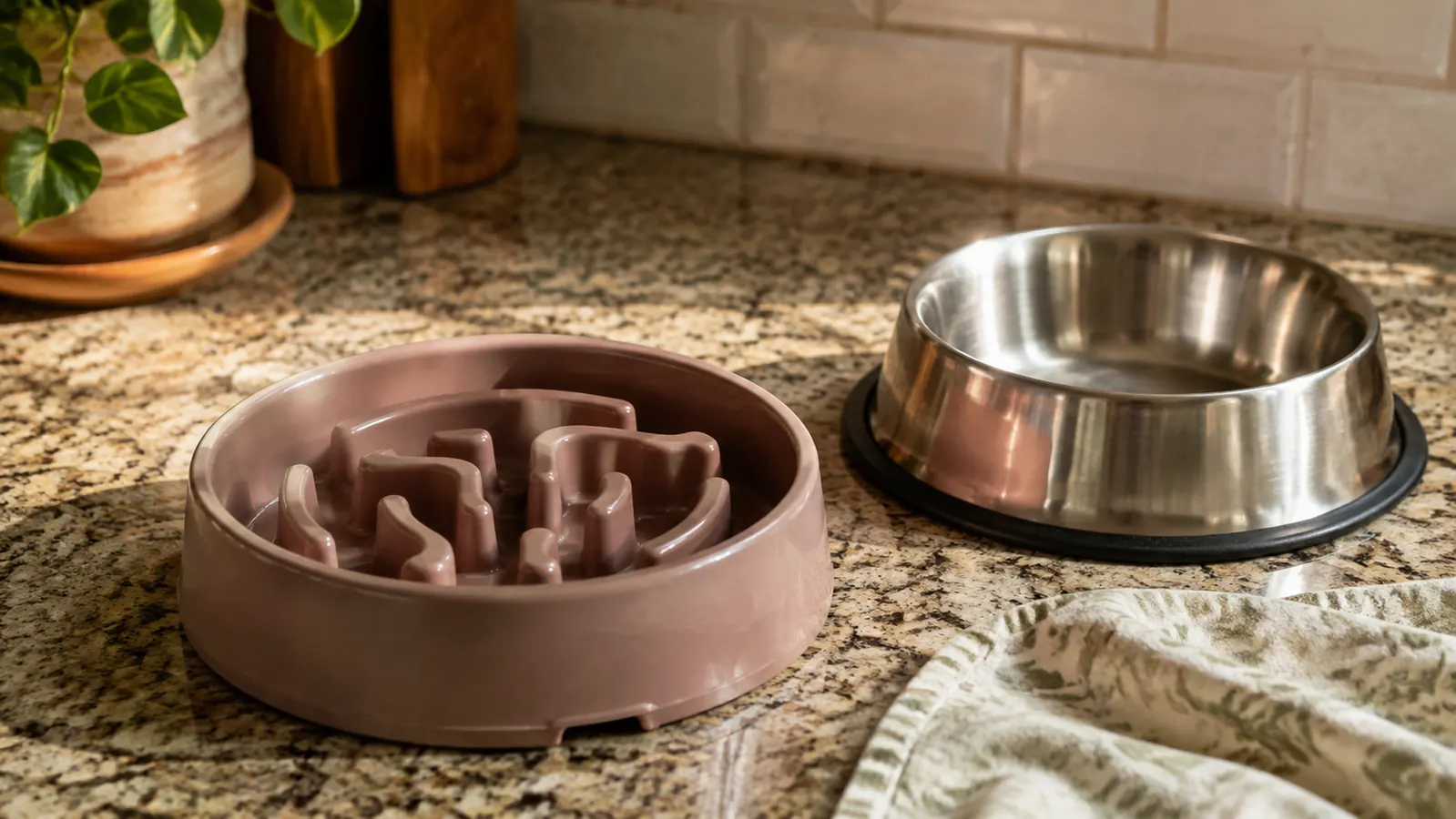 An empty slow feeder maze bowl sitting on a kitchen counter next to a stainless bowl, mid-routine