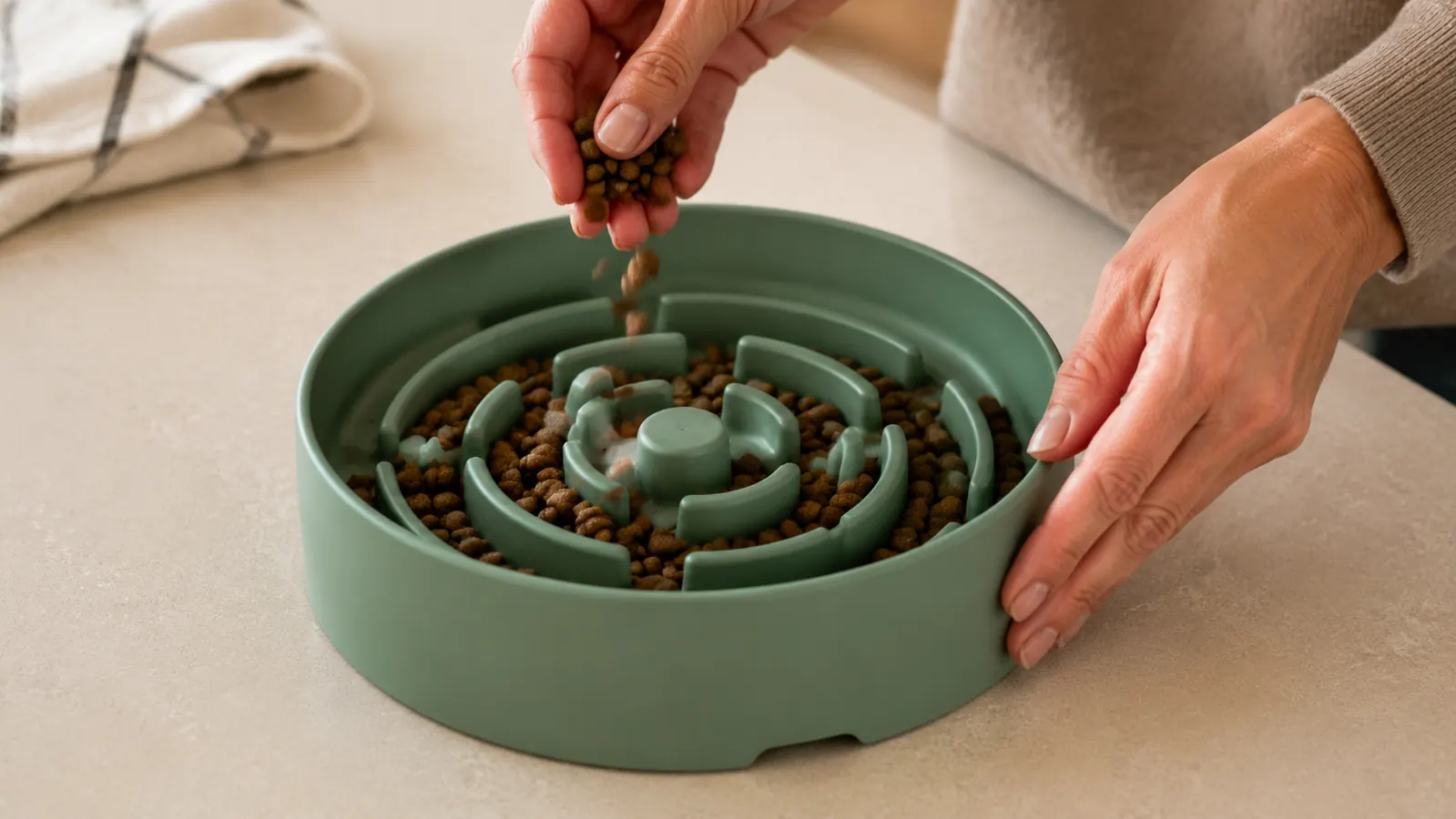 A hand sprinkling dry kibble into a wide maze slow feeder bowl with shallow ridges