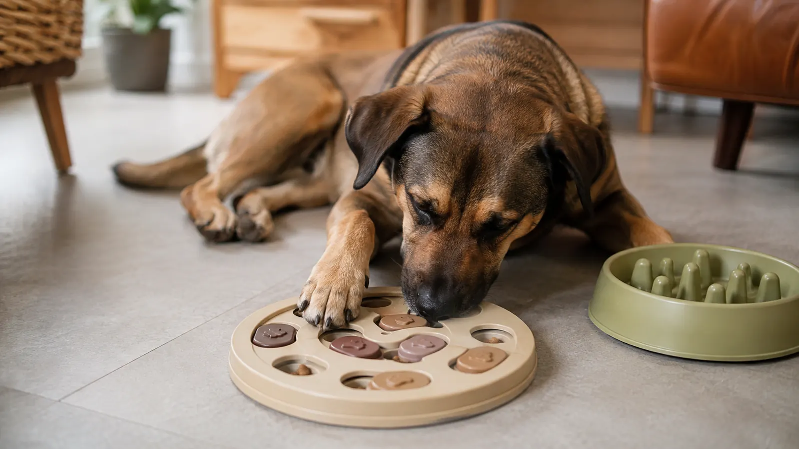 A dog working at a food puzzle toy on the floor beside a slow feeder bowl, nose poking into a sliding cover