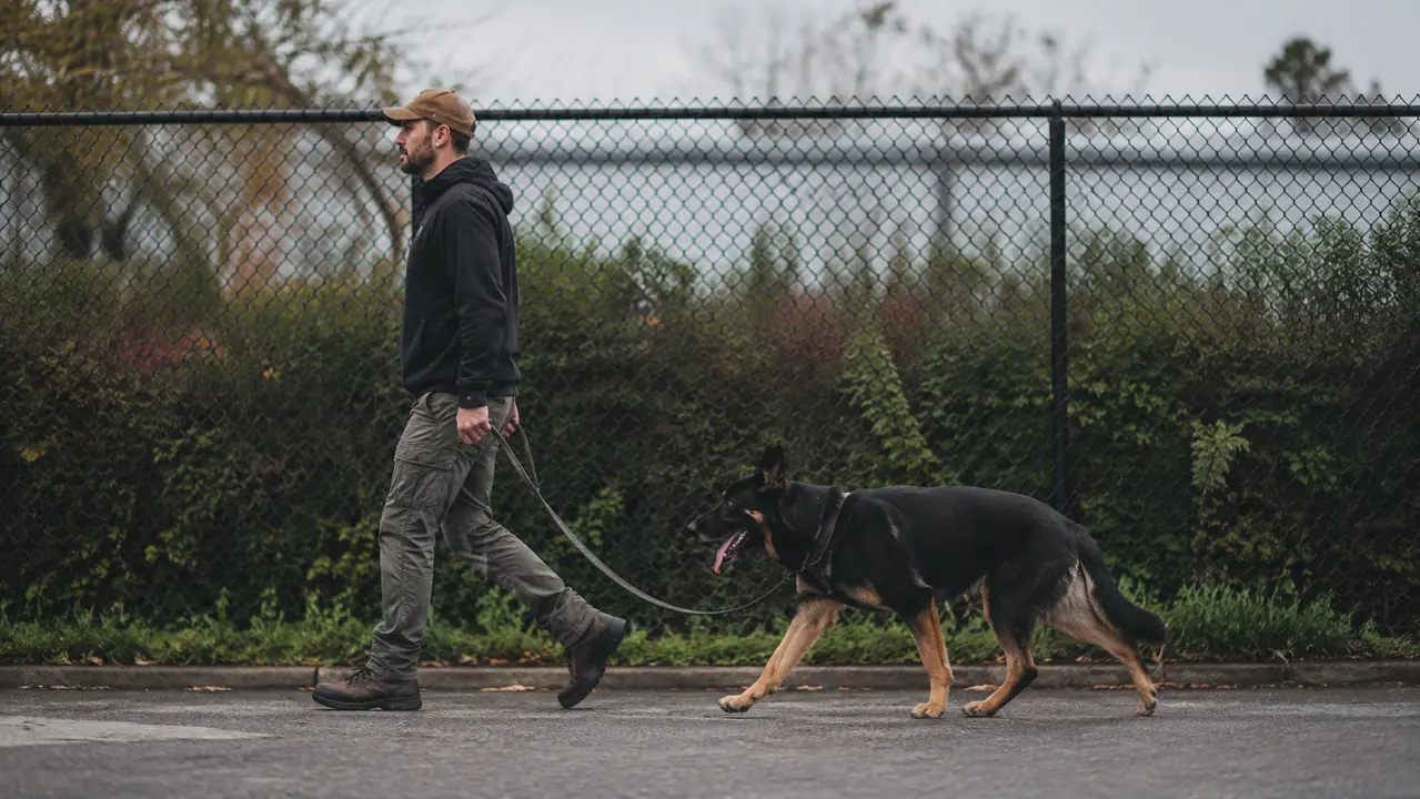 A dog trotting past a fenced yard with a relaxed, loose leash while its handler walks at a steady pace beside it.