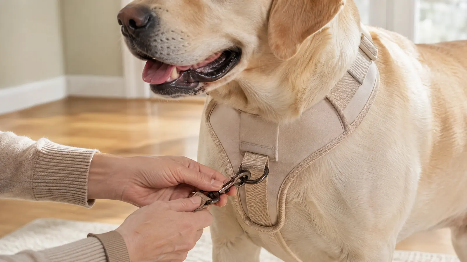 A close view of a hand clipping a leash to the front chest ring of a soft padded harness on a large dog, the dog standing still and calm