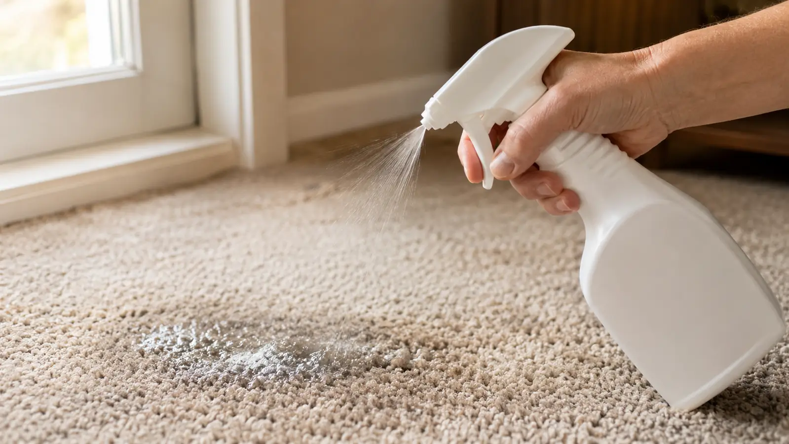 A hand pressing the trigger of the Rocco & Roxie stain remover bottle, angling a fine mist of spray over a corner of beige carpet that is already wet