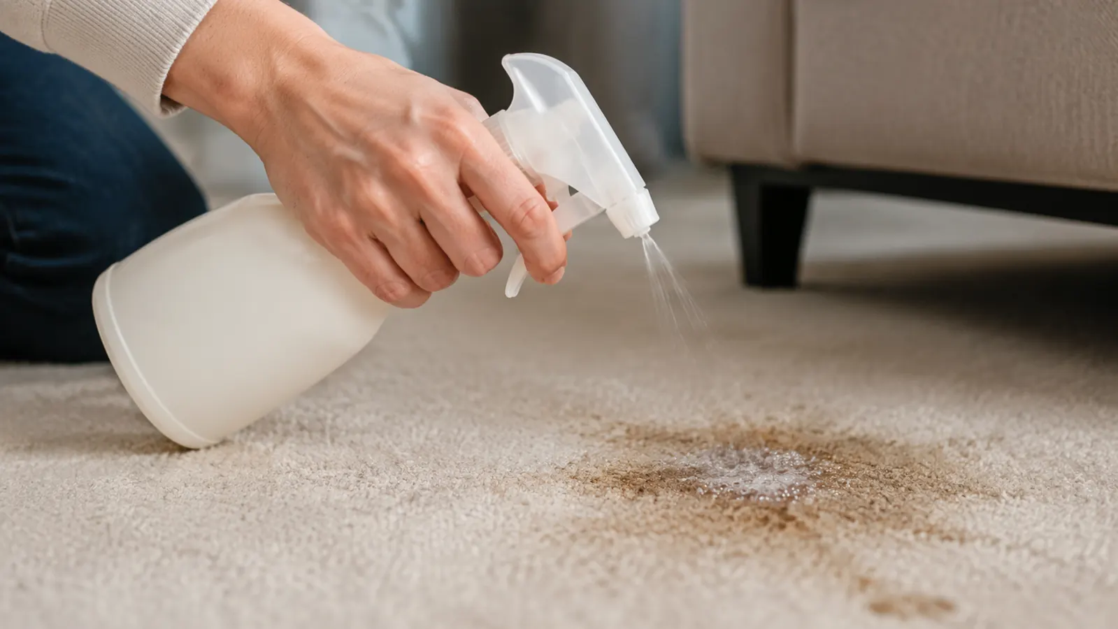 A close view of a hand pressing the trigger on a spray-bottle stain remover over a section of carpet, the surface wet from the application